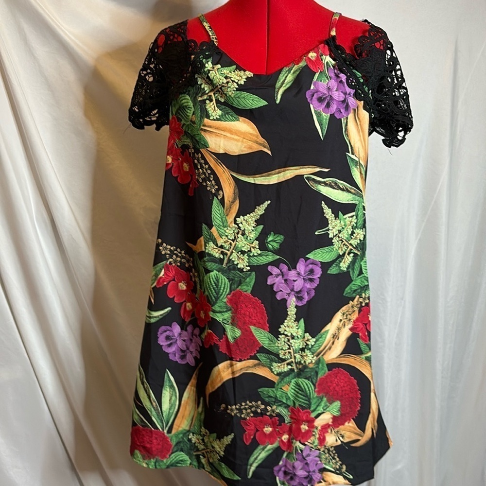 MM349 SHEIN floral print off the shoulder crocheted dress